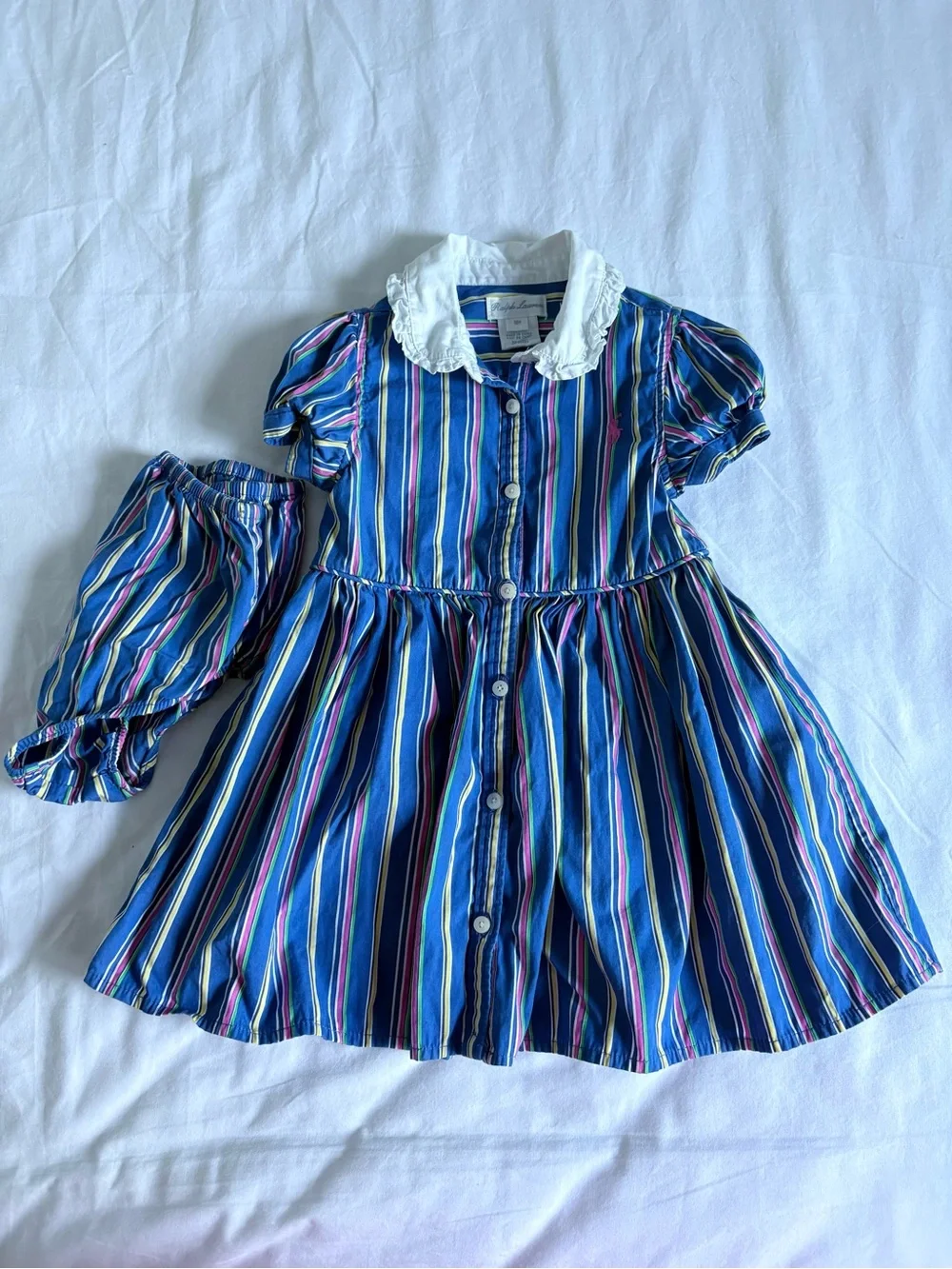 Ralph Lauren Navy Multi-Stripe Button Front Dress with White Collar